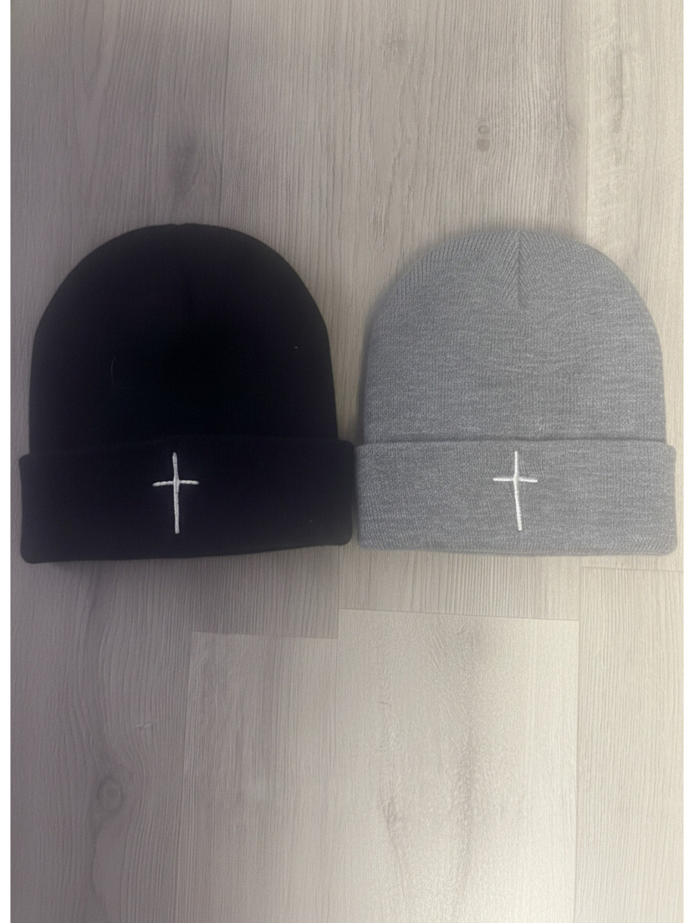 Set of 2 Cross Embroidered Beanie Hats in Black and Gray